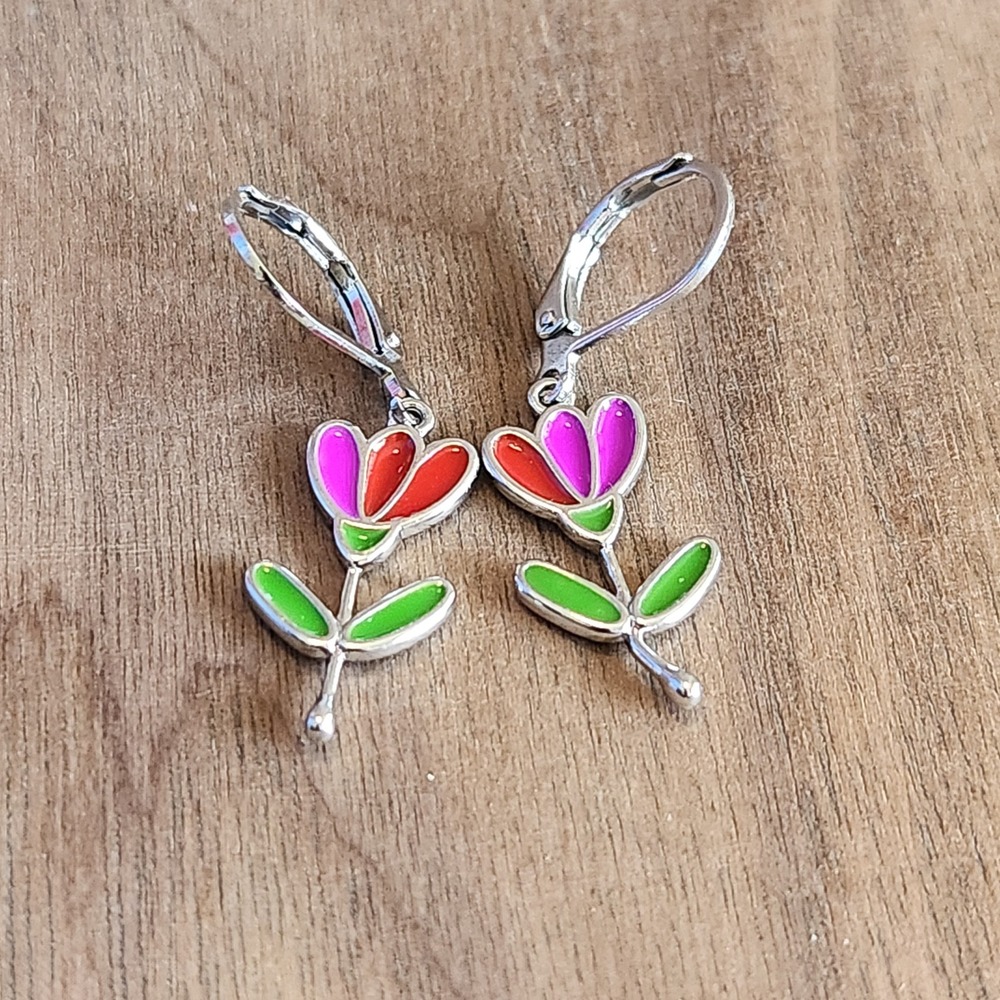 Silver Tone Enamel Tulip Flower Drop Dangle Earrings Pink Red Green 1.5"